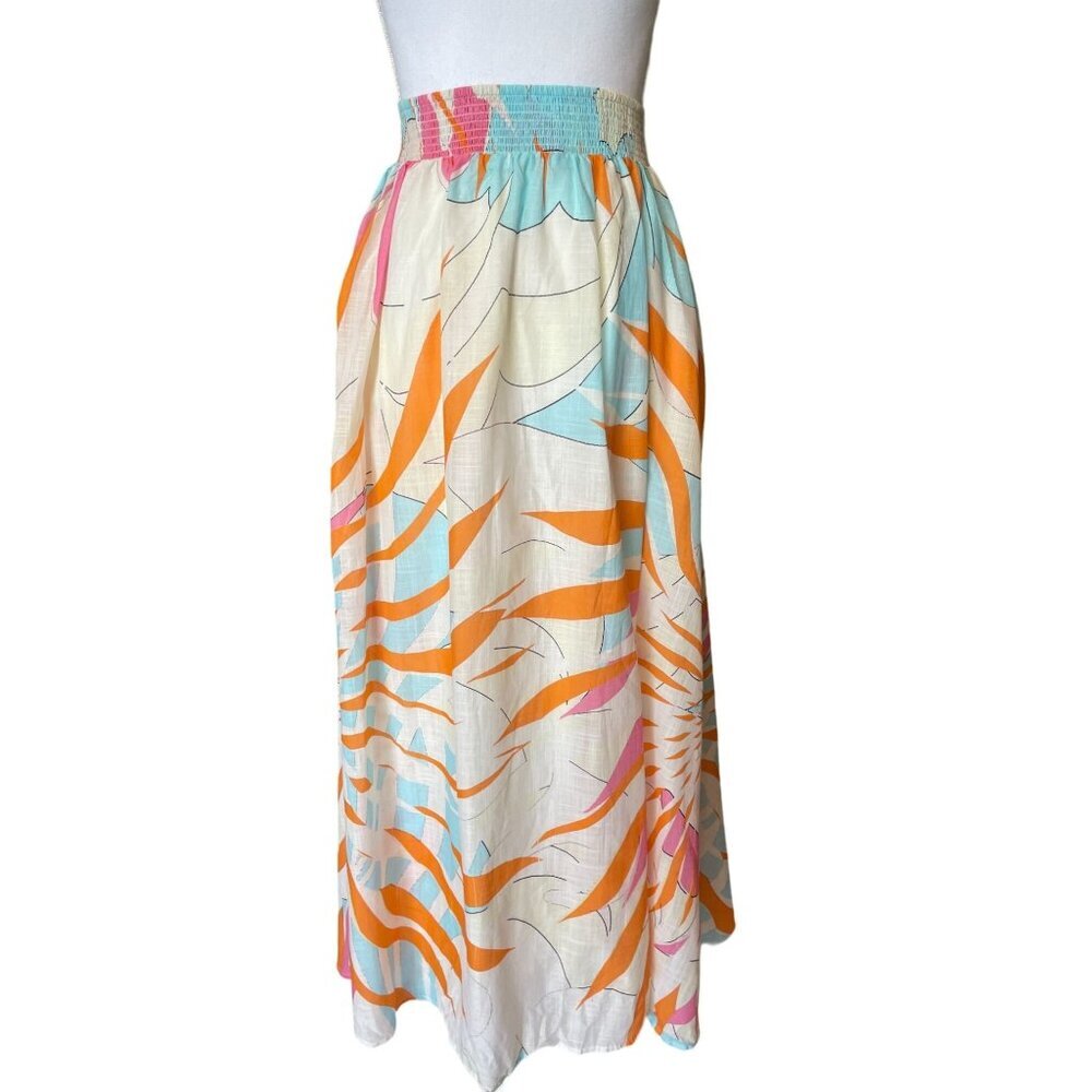 Maeve Cream Maxi Skirt with Orange, Turquoise & Pink Tropical Print